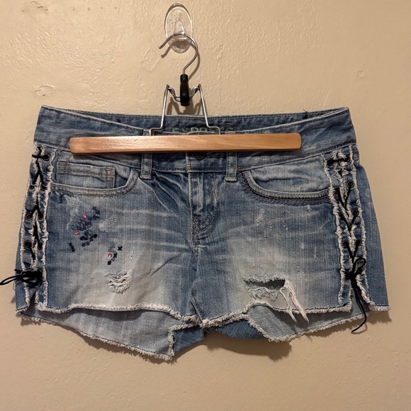 Express Pants - Express Light Blue Lace-Up Jean Shorts